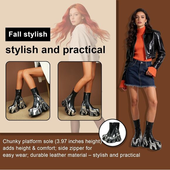 Women Silver Flame Printing Chunky Sole Ankle High Zipper Closure Round Toe Boot - Picture 3 of 8